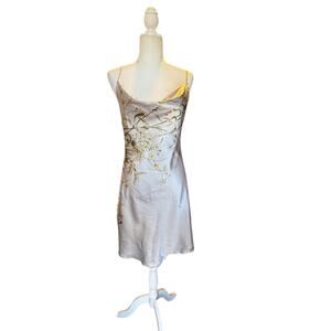 Silver Satin Cowl Neck Slip Dress with Botanical Bird Print in Size Medium